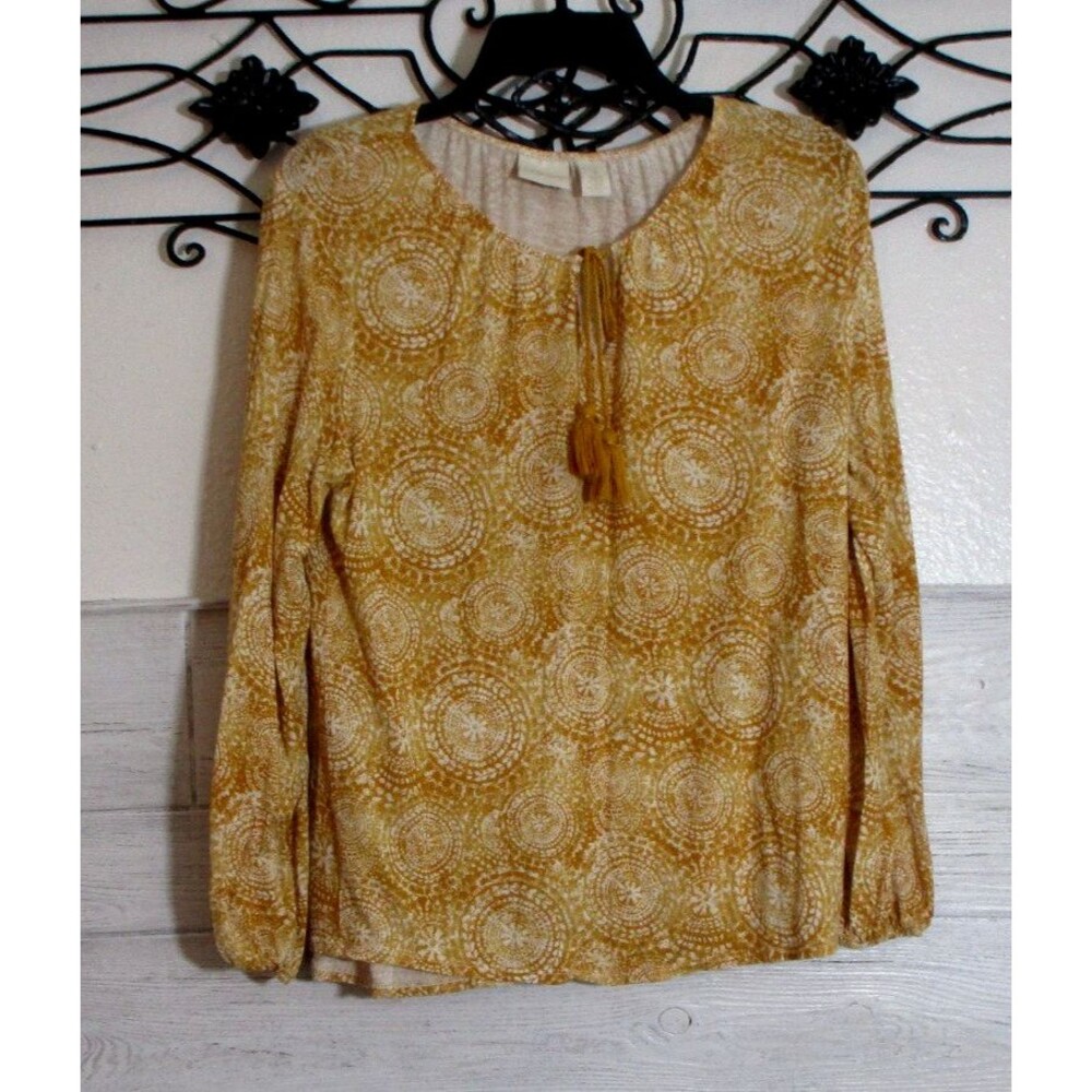 Chico's Women's Knit Top Size 1 Long Sleeve Mustard Geometric Round Neck
